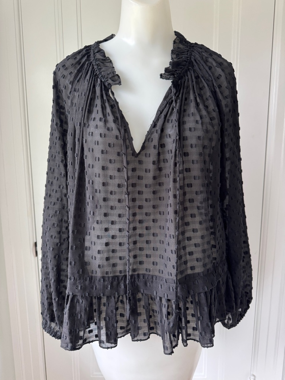 Rebecca Taylor 6 Silk Black Semi-Sheer Swiss Dot Blouse